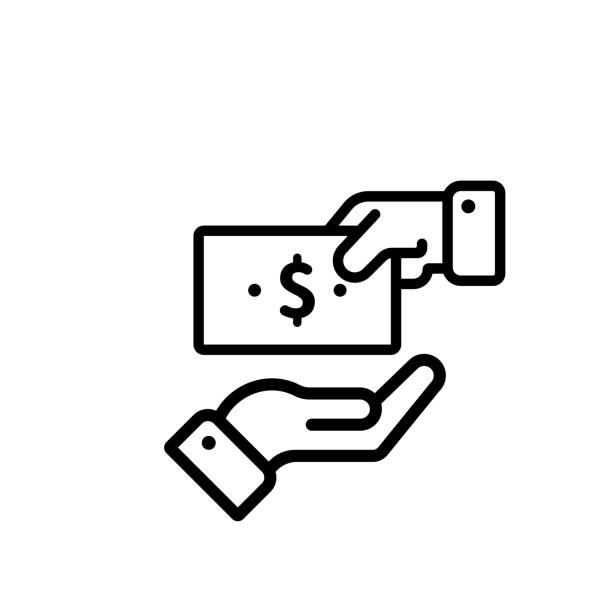Give money outline icon. Payment with money. Hand holding paycheck icon. Give money outline icon. Payment with money. Hand holding paycheck icon paying stock illustrations