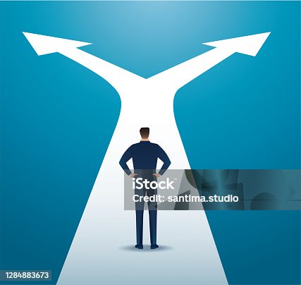 istock businessman in doubt, man in suit choosing between two different choices. vector illustration 1284883673