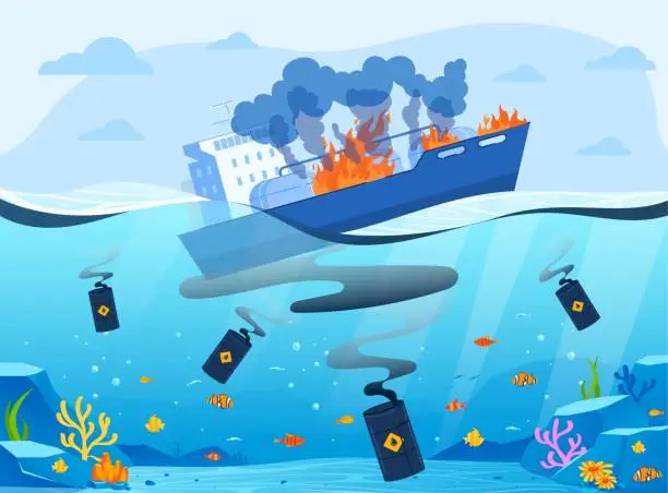 Vector illustration of Oil gas industry eco catastrophe vector illustration, cartoon flat seascape with ship tanker fire and spill, sinking supertanker