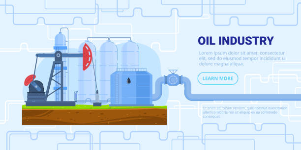 иллюстрация вектора нефтяной промышленности, мультяшный плоский нефтеперерабатывающий завод с буровой башней, резервуар  для хранения, пр� - opec stock illustrations