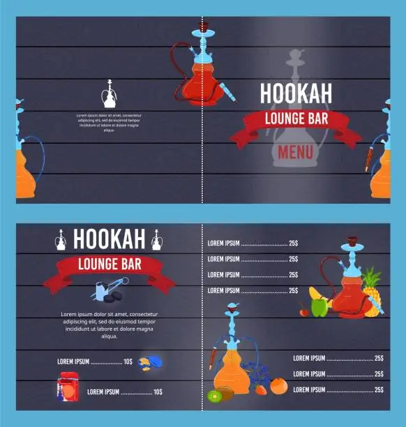 Vector illustration of Hookah bar menu vector illustration, cartoon flat smoking lounge bar menu, typography modern trendy arabic shisha tobacco party