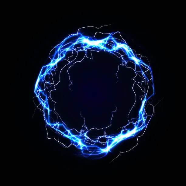 Vector illustration of Lightning round frame. Blue plasma magical portal. Vector illustration.