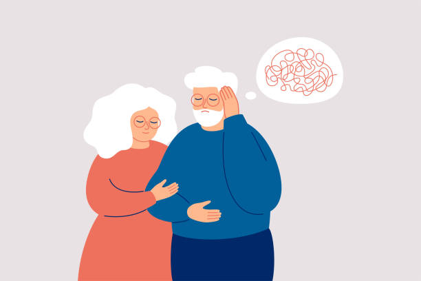 illustrazioni stock, clip art, cartoni animati e icone di tendenza di l'uomo anziano con demenza ha bisogno di aiuto. coppia matura si sostiene a vicenda nella lotta con amnesia e disturbi mentali. concetto di perdita di memoria. - senior adult depression dementia alzheimers disease