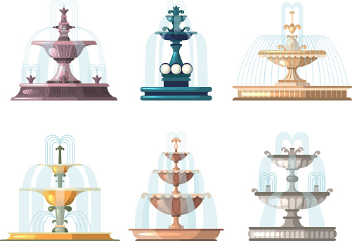 Cartoon fountains. Outdoor gardening decorative symbols nature water fountains vector collection. Park outdoor fountain, collection decorative city landscape illustration