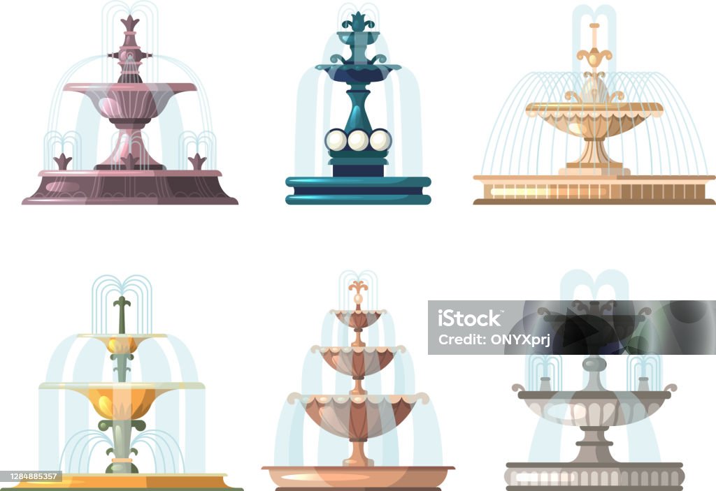 Cartoon Fountains Outdoor Gardening Decorative Symbols Nature Water  Fountains Vector Collections Stock Illustration - Download Image Now -  iStock