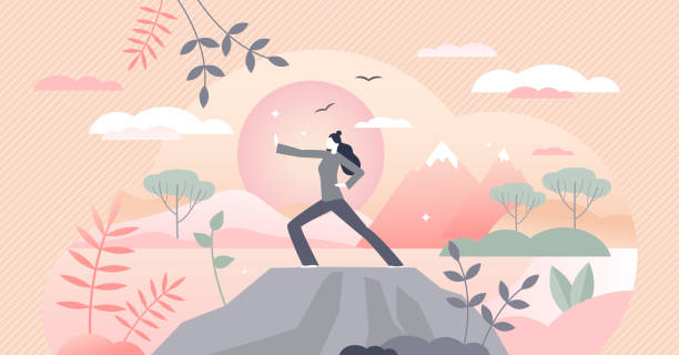 Qigong practice for breathing, meditation and movement tiny person concept Qigong practice for breathing, meditation and movement development tiny person concept. Inner peace and energy exercise as asian traditional culture vector illustration. Mental and physical wellness. qi gong stock illustrations
