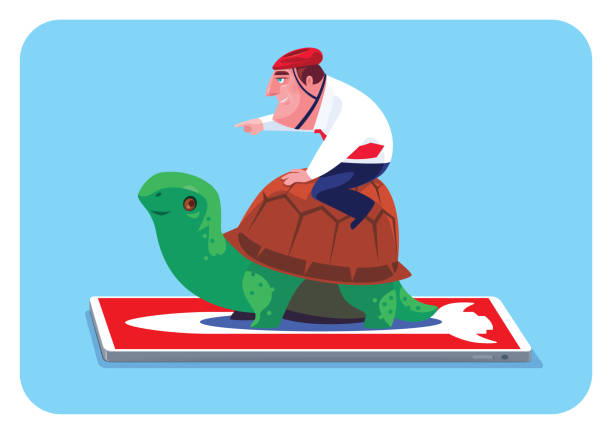 businessman guiding tortoise with smartphone vector illustration of businessman with launching rocket racing with tortoise thinking fast and slow stock illustrations
