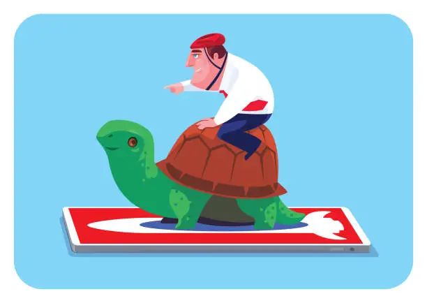 Vector illustration of businessman guiding tortoise with smartphone