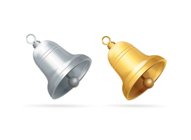 Realistic Detailed 3d Different Bell Set. Vector Realistic Detailed 3d Different Shiny Metal Bell Set Symbol of Decoration Christmas Holiday. Vector illustration of Golden and Silver Bells school handbell stock illustrations