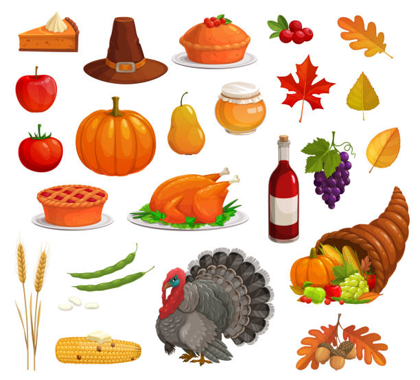 ilustraciones, imágenes clip art, dibujos animados e iconos de stock de pavo de vacaciones de otoño de acción de gracias, comida, peregrino - thanksgiving fruit cornucopia vegetable