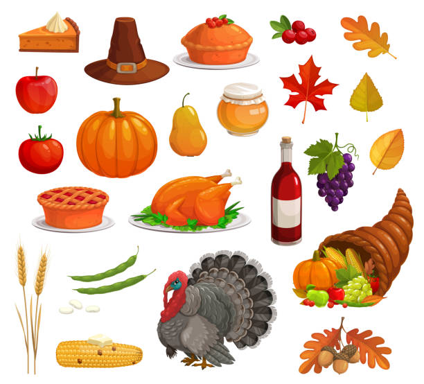 ilustrações de stock, clip art, desenhos animados e ícones de thanksgiving autumn holiday turkey, food, pilgrim - cornucopia november pumpkin leaf