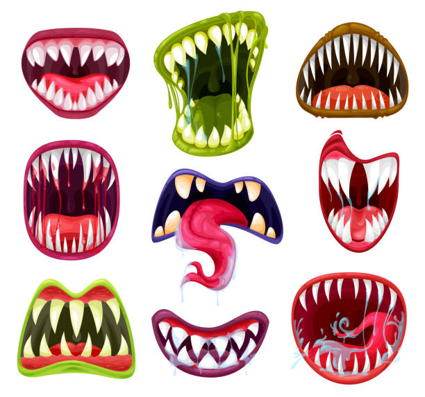 ilustrações, clipart, desenhos animados e ícones de bocas de monstros de halloween, dentes e línguas definidas - gremlin
