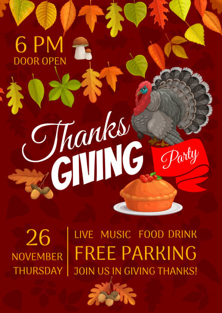 Thanksgiving party vector flyer celebration invite Thanksgiving party vector flyer with pumpkin pie with cranberry and turkey. Invitation for Thanks Giving day celebration, cartoon card with cep mushroom, maple, birch, poplar and oak leaves with acorn Cepe stock illustrations
