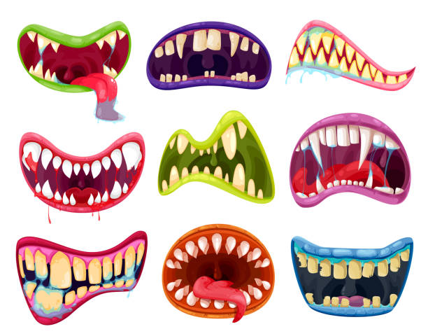 ilustraciones, imágenes clip art, dibujos animados e iconos de stock de boca y dientes de monstruos de halloween conjunto de dibujos animados - tusk