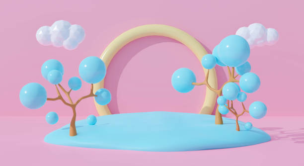 istock 3d pink podium on pastel background abstract geometric shapes with cute rainbow. Creative ideas minimal summer cloud and tree cartoon kid. 3d render for pedestal winner, product mockup design. 1284889384