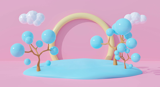 3d pink podium on pastel background abstract geometric shapes with cute rainbow. Creative ideas minimal summer cloud and tree cartoon kid. 3d render for pedestal winner, product mockup design.