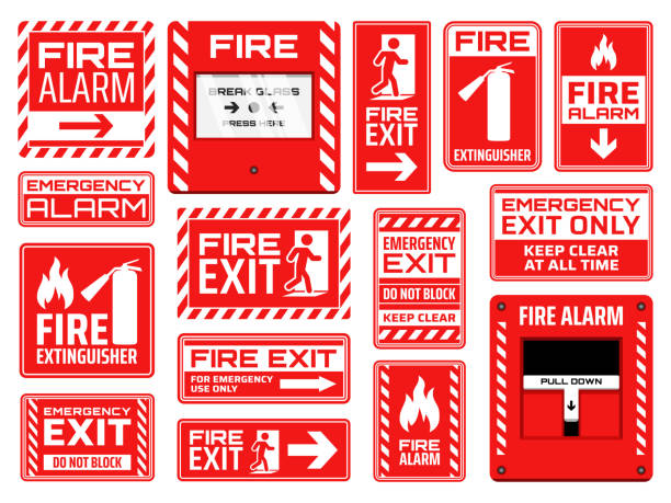 illustrazioni stock, clip art, cartoni animati e icone di tendenza di segnale di uscita di emergenza antincendio, estintore e segnale di allarme - fire button