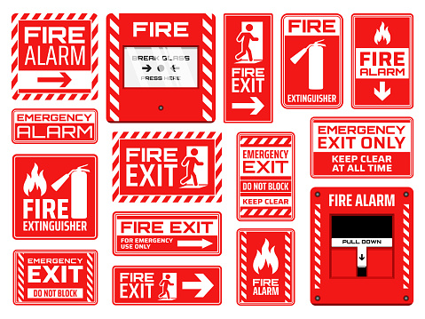 Fire emergency signs vector design of fire exit, extinguisher, alarm button and pull station, safety and evacuation icons. Red and white warning symbols with human figures, arrows, flames and doors