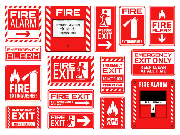 Fire emergency exit, extinguisher and alarm signs Fire emergency signs vector design of fire exit, extinguisher, alarm button and pull station, safety and evacuation icons. Red and white warning symbols with human figures, arrows, flames and doors caution step stock illustrations