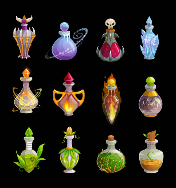 ilustrações, clipart, desenhos animados e ícones de ícones vetoriais de garrafas de poção, frascos de elixir mágicos - inferno fire flame skull