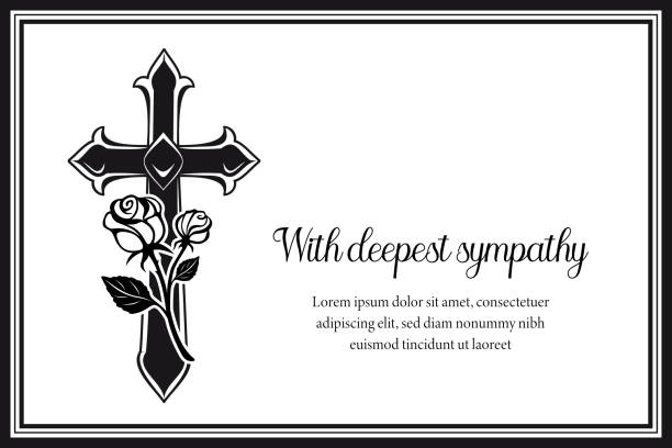 Funeral card with gothic medieval cross and roses Funeral card with gothic medieval cross and roses. Funerary condolence banner, obituary memorial vector cart with black frame, Christian cross, engraved flowers and typography on white background crucifix illustrations stock illustrations