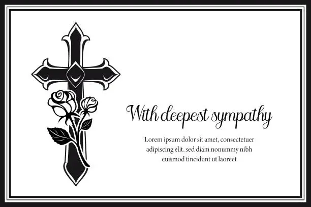 Vector illustration of Funeral card with gothic medieval cross and roses