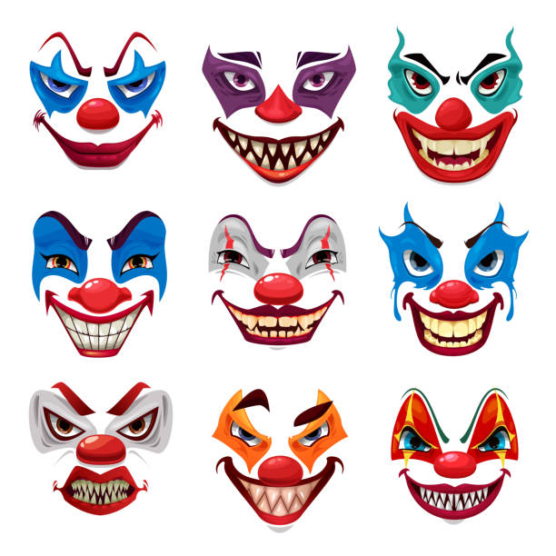 illustrations, cliparts, dessins animés et icônes de clown effrayant visages masques de funster vector avec le maquillage - jester clown harlequin bizarre
