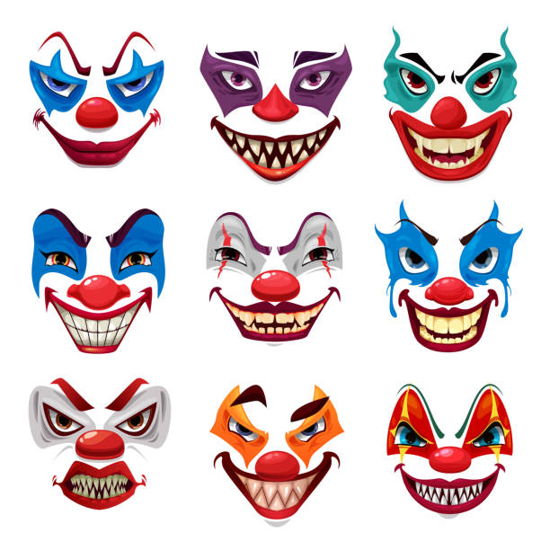 Scary clown faces vector funster masks with makeup Scary clown faces, vector funster masks with makeup, red nose, angry eyes and creepy smile with sharp teeth isolated on white background. Halloween party characters emoticons, horror creatures emojis halloween clown masks stock illustrations