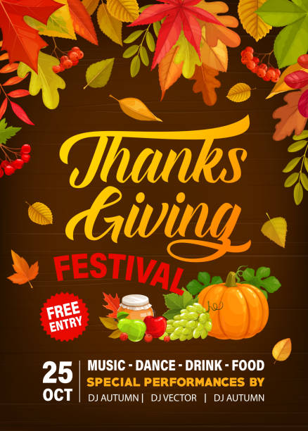 Thanks Giving festival vector flyer with crop Thanks Giving festival vector flyer with crop of pumpkin, grapes, honey and apples with pears. Invitation for Thanksgiving day party celebration with fall leaves maple, poplar and oak or rowan poster free thanksgiving pic stock illustrations
