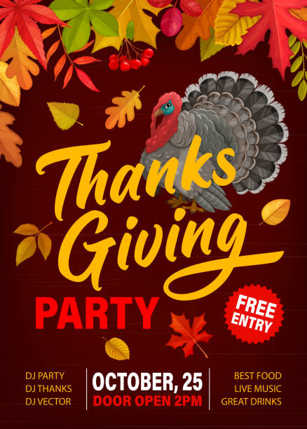 Thanks Giving party flyer with turkey and leaves Thanks Giving party vector flyer with turkey, fallen leaves and rowanberry. Invitation poster for Thanksgiving day celebration, cartoon card with autumn maple, birch, poplar and oak leaves, free enter free thanksgiving pic stock illustrations