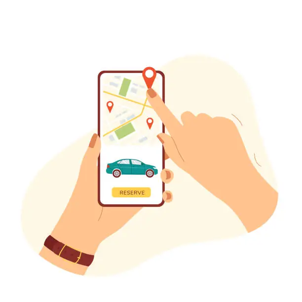 Vector illustration of Female hands hold a smartphone with a car search application. The concept of carsharing geolocation on the city map, fast online taxi search, car rental. Vector illustration