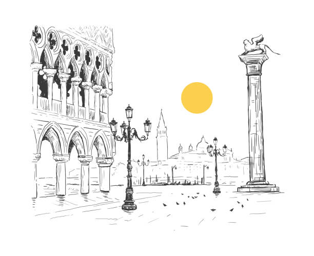 markusplatz, dogenpalast in venedig, italien. san giorgio maggiore. colonne di san marco. hand gezeichnete skizze vektor-illustration. romantisches stadtbild mit sonne. - architecture art backgrounds church stock-grafiken, -clipart, -cartoons und -symbole