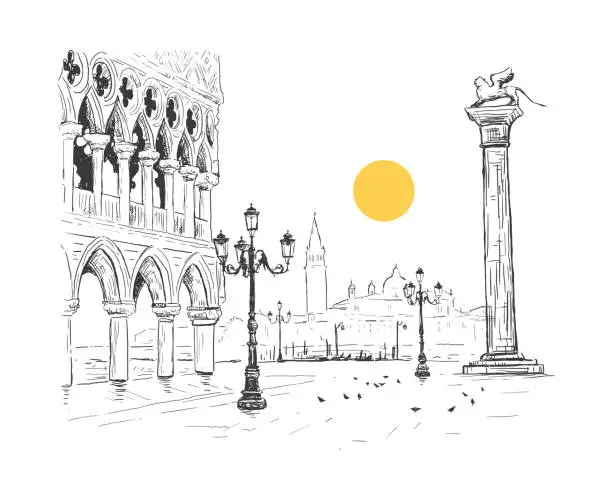 Vector illustration of Saint Mark's Square, Doge's Palace in Venice, Italy. San Giorgio Maggiore. Colonne di San Marco. Hand drawn sketch vector illustration. Romantic cityscape with sun.