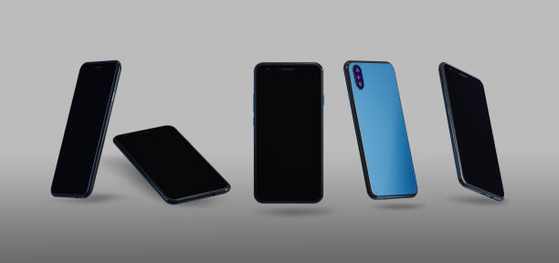 istock Set of 3d smartphones in different positions isometric, frontal, perspective. Isolated on a grey background. 3D Mobile phone.  Render. Elements for design, web 1284892237
