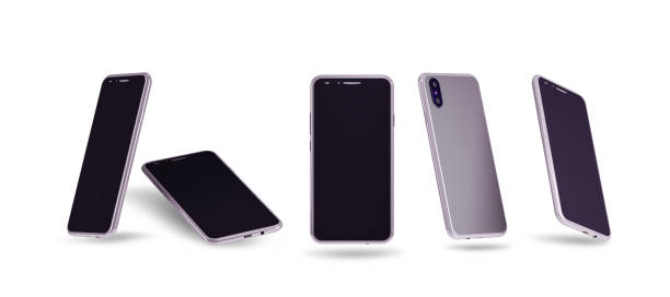 Set of 3d smartphones in different positions isometric, frontal, perspective. Isolated on a white background. 3D Mobile phone.  Render. Elements for design, web