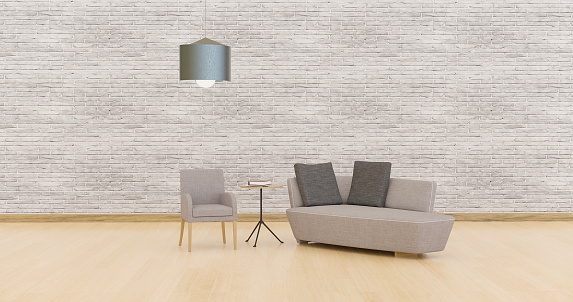 Despacho psicólogo con sillón y sofá aislados en una habitación iluminada, ilustración 3D photo