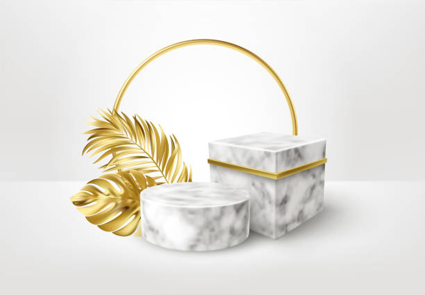 istock 3d realistic white and black marble pedestal on white background with golden palm leaves. Empty space design luxury mockup scene for product. Vector illustration 1284892846