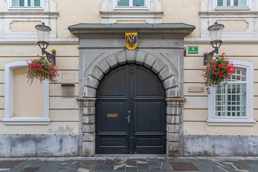 Ljubljana, Slovenia - November 4, 2019: Entrance to Archbishop Palace Skofija in Ljubljana, Slovenia.