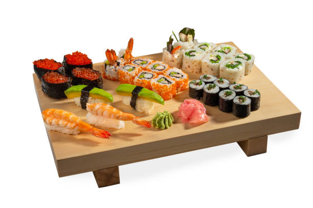istock Sushi set on a wooden board 1284894552