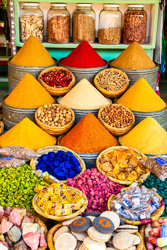 Herbs and spices sold in a shop in the souks of Marrakesh, Morocco