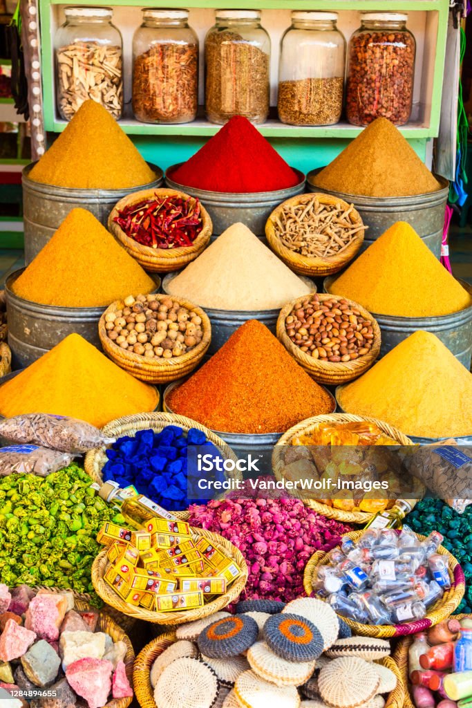 Herbs and spices bazaar market Herbs and spices sold in a shop in the souks of Marrakesh, Morocco Morocco Stock Photo