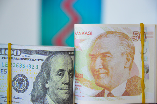 American currency and Turkish currency. US dollar and Turkish lira side by side
