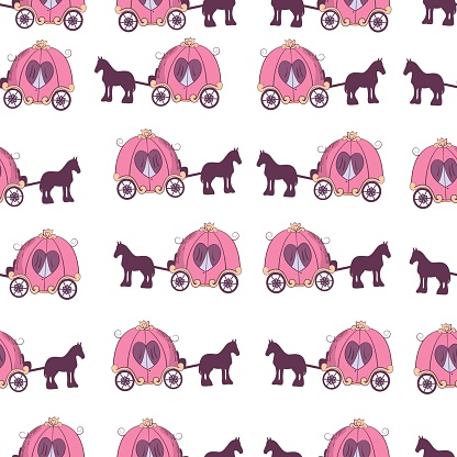 seamless pattern with carriage and horse, endless texture in cute cartoon style, vector illustration in pastel colors
