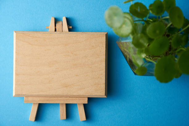 istock blank message board and potted plant against blue background 1284898284