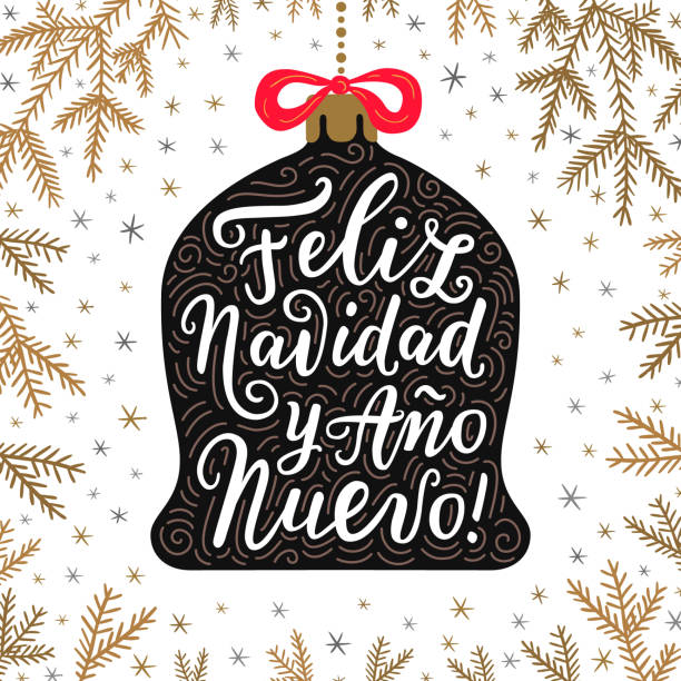 wesołych świąt i szczęśliwego nowego roku ręcznie rysowane zwroty liter w języku hiszpańskim na dzwonce z czerwoną kokardką. świerk gałęzie tła. - navidad stock illustrations