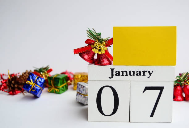 istock Date 7th January with blurred christmas ornament background 1284898534