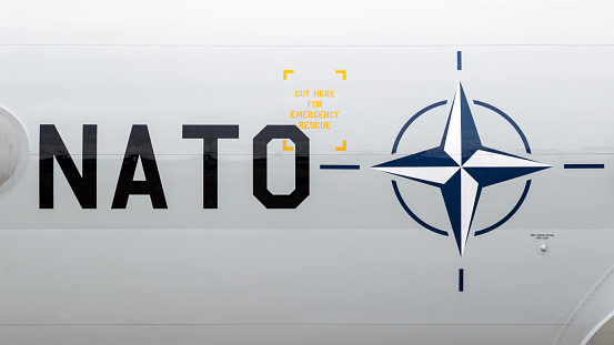 NATO text and logo on a AWACS E-3 Sentry radar plane at it's homebase Geilenkirchen airbase. 2017, July 2