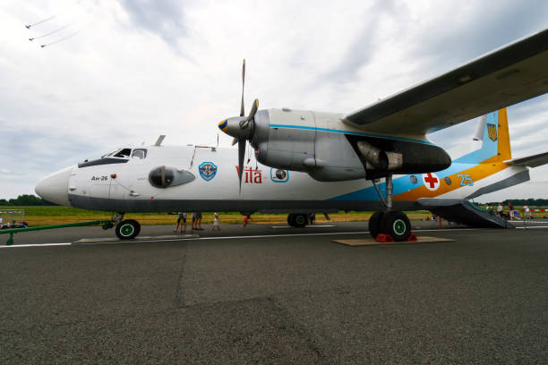 Ukrainian Air Force Antonov An-26 aircraft Ukrainian Air Force Antonov An-26 military turboprob transport plane on the tarmac of Beauvechain airbase. July 3, 2010 antonov an 26 stock pictures, royalty-free photos & images