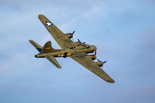 Vintage warbird US Air Force Boeing B-17 Flying Fortress WW2 bomber in flight. September 13, 2019