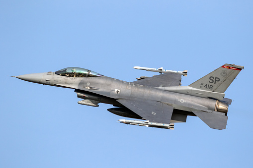 US Air Force F-16C fighter jet plane from 480th Fighter Squadron taking off from Spangdahlem Air Base. August 29, 2018
